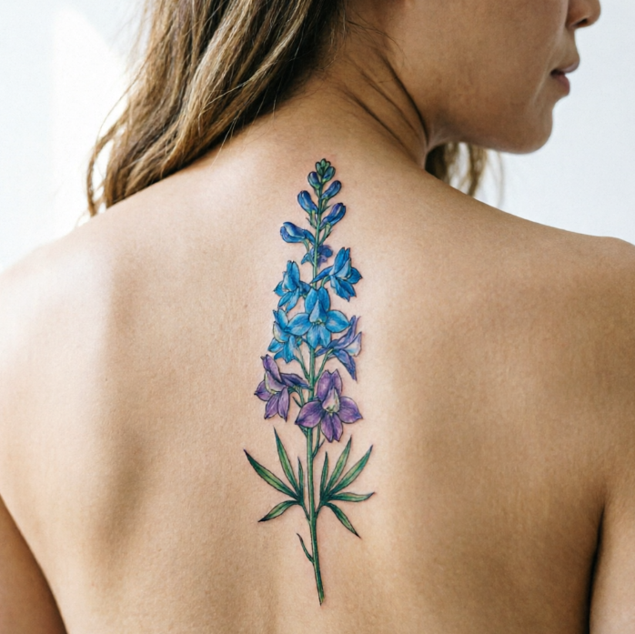 A blue-to-purple gradient delphinium tattooed vertically along the center of a woman’s back, bell-shaped flowers ascending from base to tip, with dark green stems and leaves; fluid linework against bare shoulders and light wall.