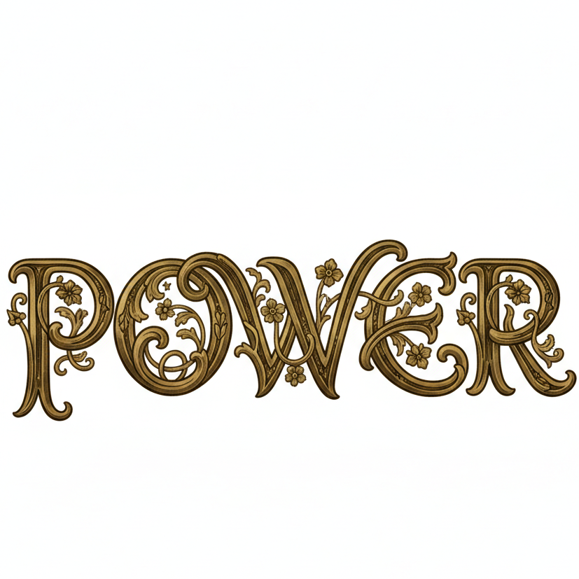 Ornate golden “POWER” with floral and vine motifs intertwined between letters, evoking Victorian-era luxury decorative art.