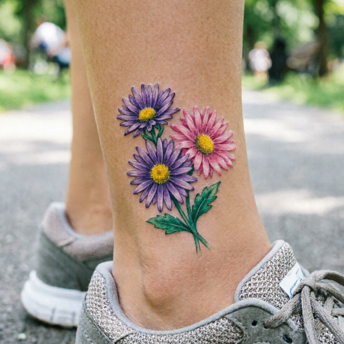 Three daisies tattooed on outer ankle—two purple, one pink—with fine petals, yellow centers, and a single green leaf; delicate design against outdoor grass and sneakers.