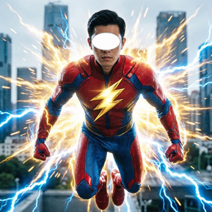 Male superhero in red-and-blue Flash-style suit flies over cityscape, surrounded by blue lightning and golden energy aura; chest features yellow lightning bolt emblem; face is replaced by an oval blank area with highlight points where eyes would be.