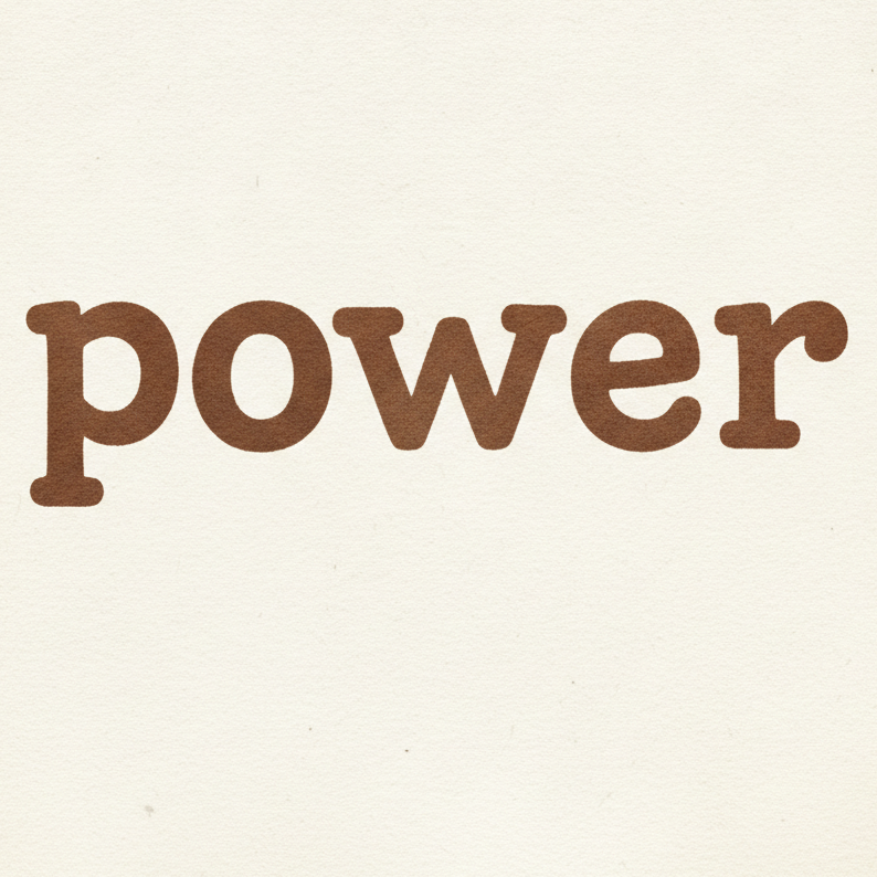 Warm brown rounded sans-serif “power” on textured off-white paper, conveying handmade warmth and approachability.