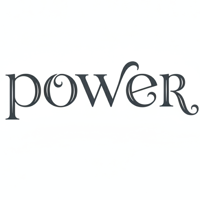 Elegant dark gray serif “power”, with ornamental curls on ‘p’ and ‘r’, reflecting refined and restrained strength.