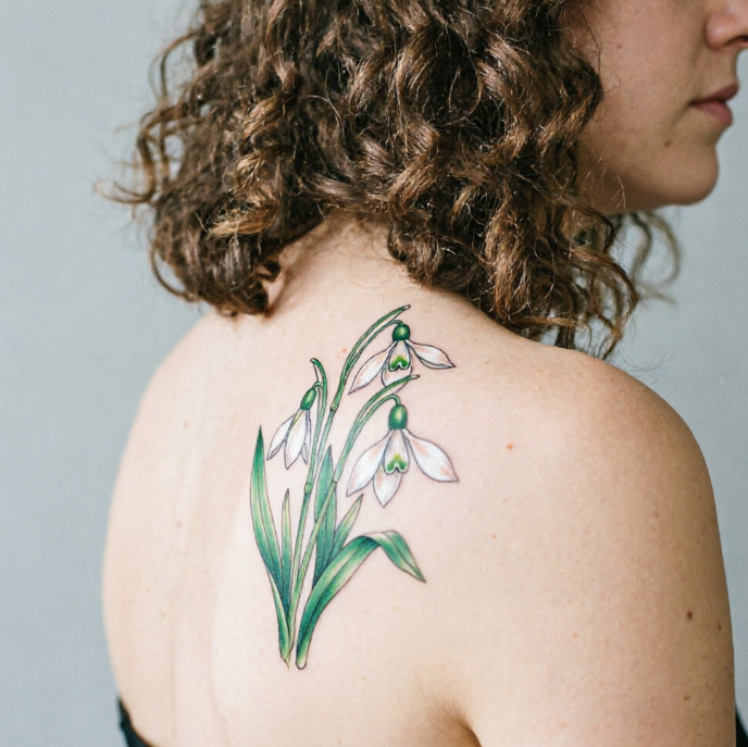 Three white snowdrop flowers tattooed on a woman’s shoulder blade, with delicate drooping petals, green stamens, and dark green stems; fine line work against curly hair and light gray wall.
