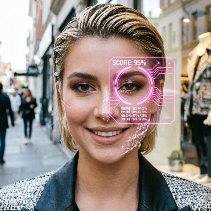 Blonde woman with short hair and精致 makeup smiles on a busy street; a pink circular reticle-style scanner locks onto her right eye area, displaying "SCORE: 95%" and detailed parameters, showcasing precision recognition in urban settings.