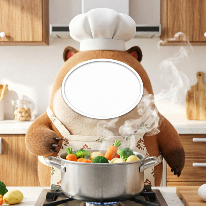 A brown cartoon bear wearing a white chef’s hat and floral apron stands at a kitchen stove, stirring a pot of carrots and broccoli with steam rising; its face is replaced by an oval blank area; wooden cabinets and range hood in background.
