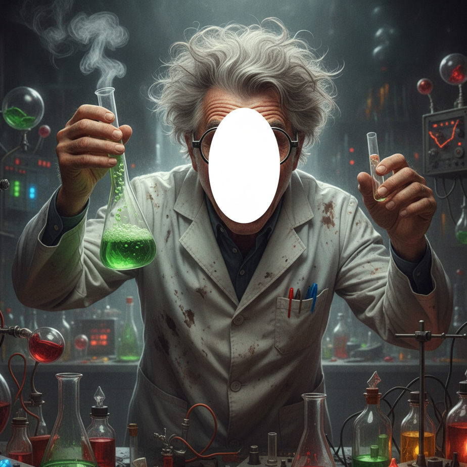 Mad scientist with wild gray hair, glasses, and stained lab coat stands in cluttered lab holding bubbling green flask in one hand and small test tube in other; face replaced by oval blank area; background features glowing instruments and colorful reagent bottles.