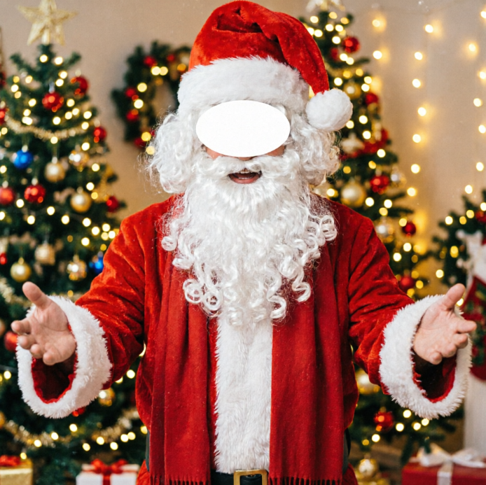 Santa Claus in red velvet suit with white-trimmed hat and fluffy beard stands amid decorated Christmas trees and lights, arms open wide in welcome; his face is replaced by an oval blank area for later face insertion.