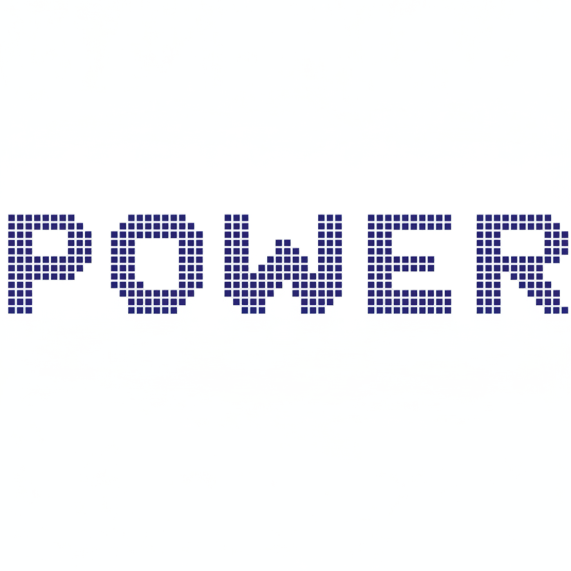 Dark blue pixelated “POWER”, each letter formed by uniform small squares, mimicking early digital screen or game console display.