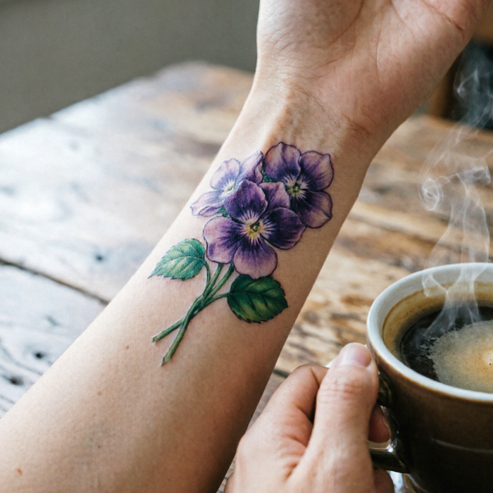 Three purple violets tattooed on inner forearm, layered petals with yellow centers and two green leaves; soft color palette against wooden table and steaming coffee cup.