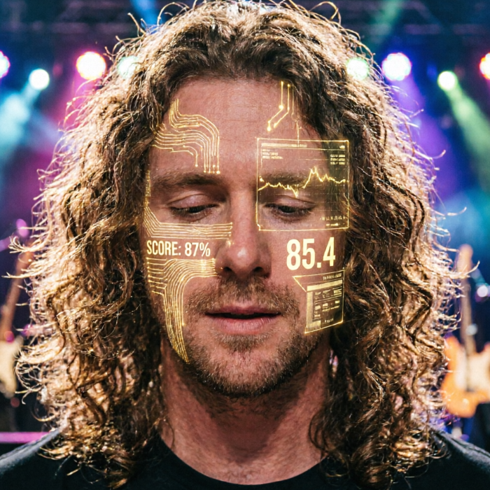 A long-haired male rock musician closes his eyes in thought against stage lights; his face is overlaid with golden circuit-board patterns, showing "SCORE: 87%" below the left eye and a waveform with "85.4" beside the right eye.