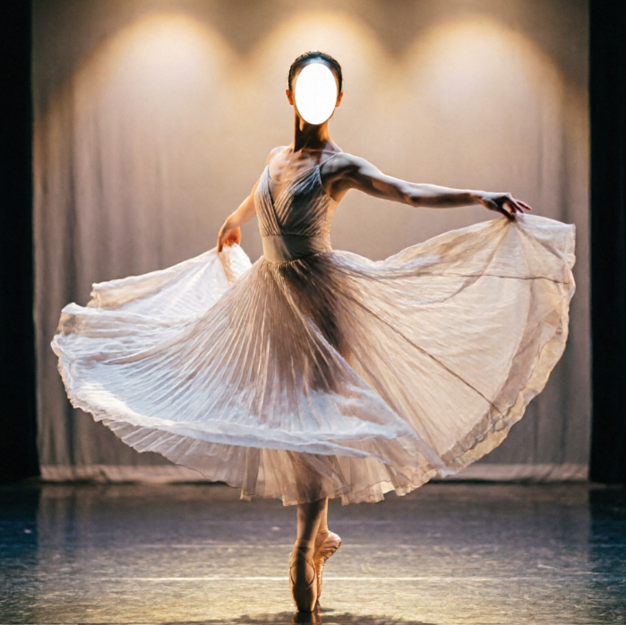 Ballerina in flowing white tulle dress spins en pointe under spotlight, skirt flaring like petals; face replaced by oval blank area; dark curtain and soft stage lighting in background.