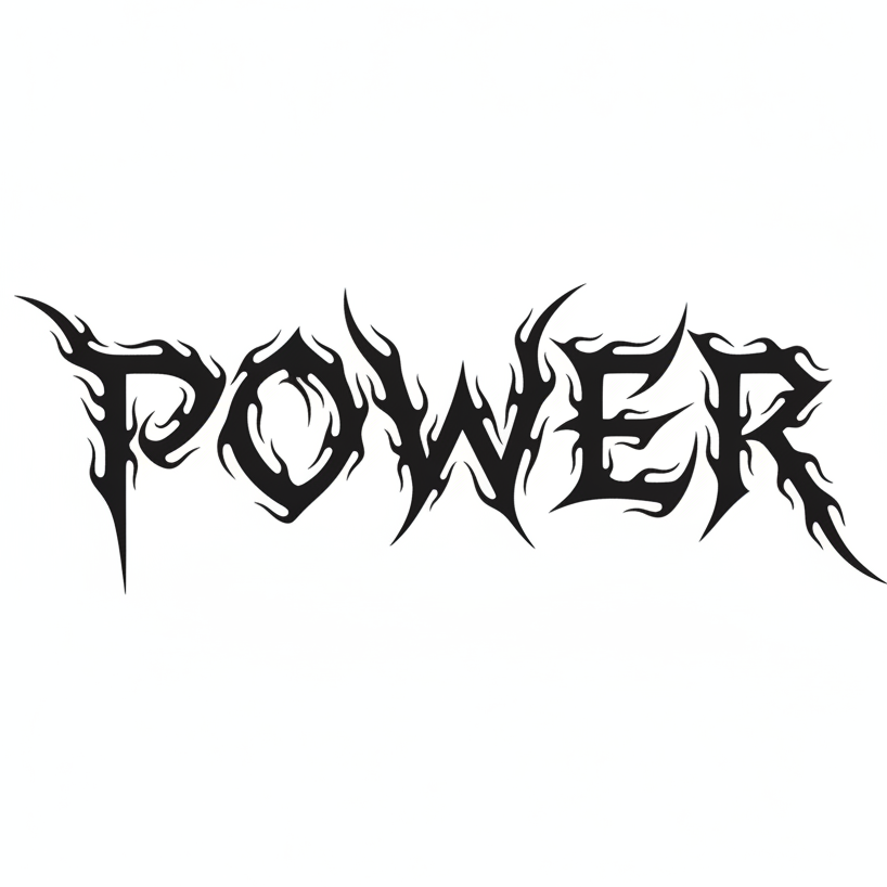 Black flame-and-tribal motif “POWER”, with strokes extending outward like burning spikes, radiating primal wildness and explosive energy.