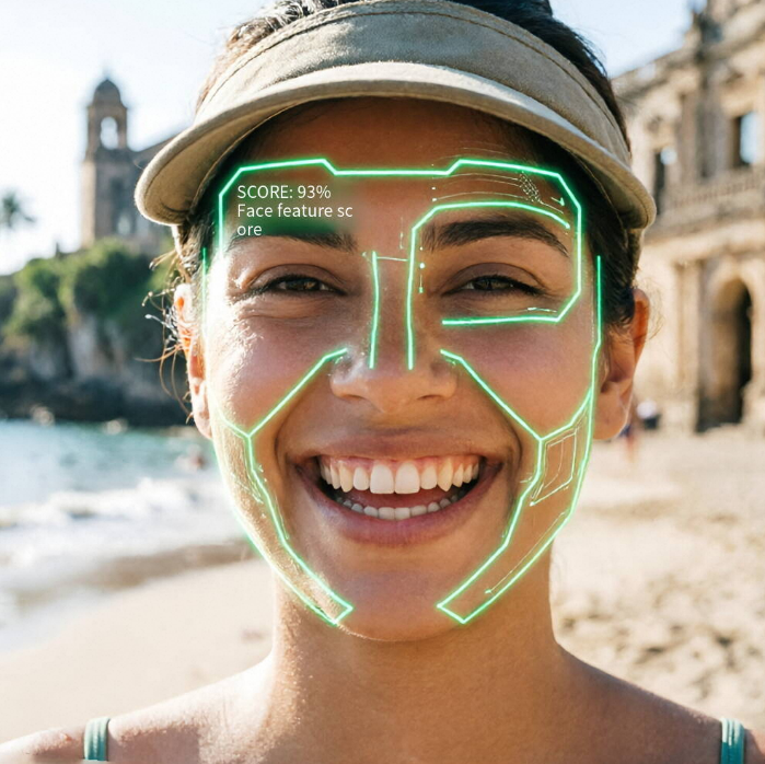 Smiling woman wearing a sun visor laughs on a sunny beach; her face is outlined by glowing green geometric lines, with text "SCORE: 93% Face feature score" in the corner, depicting biometric capture outdoors.