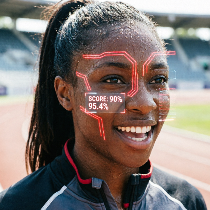 A dark-skinned female athlete with a high ponytail stands on a track, smiling with sweat on her forehead; her face is outlined by glowing red scanning lines, with data boxes showing "SCORE: 90%" and "95.4%" on her cheek.