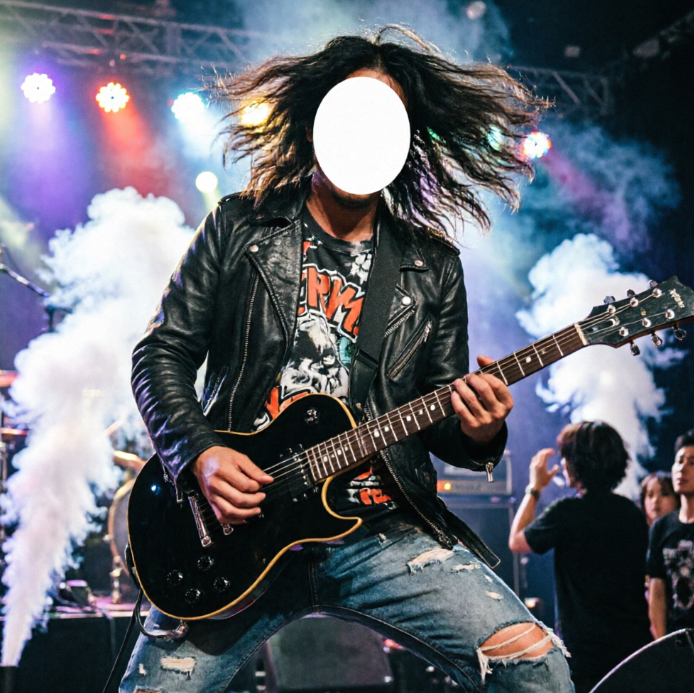 Long-haired rock guitarist in black leather jacket and ripped jeans passionately plays electric guitar on stage under colored lights and smoke; face replaced by oval blank area; audience and stage gear visible in background.