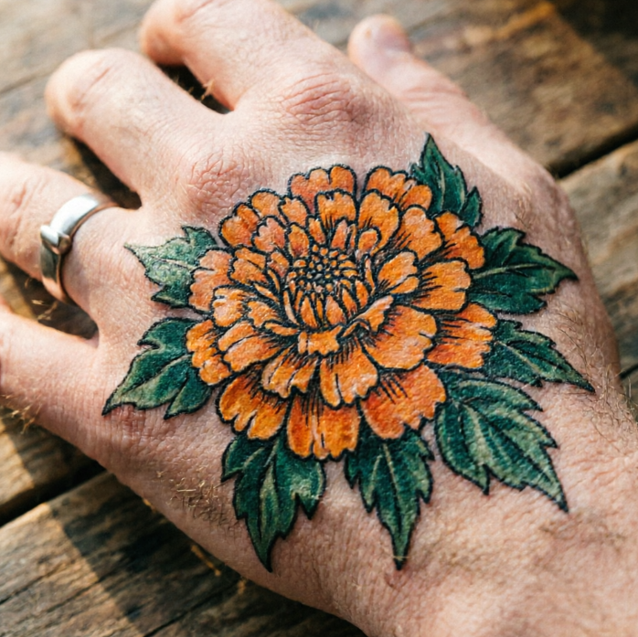 An orange peony tattooed on a man’s hand back, with densely layered petals and serrated dark green leaves; bold linework against wooden table and silver ring.