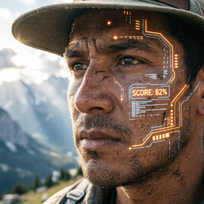 Close-up side profile of a rugged man wearing a hat against a mountainous backdrop; an orange tactical HUD interface overlays one side of his face showing "SCORE: 82%" and data bars, evoking survival or reconnaissance vibes.