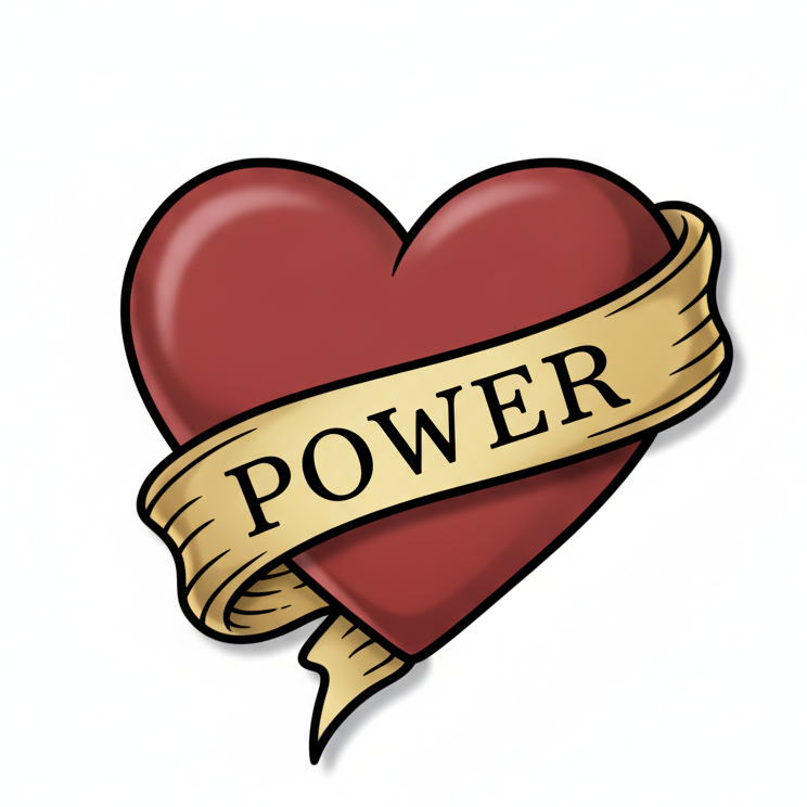 3D red heart with golden ribbon banner bearing black serif “POWER”, in classic American traditional tattoo style.