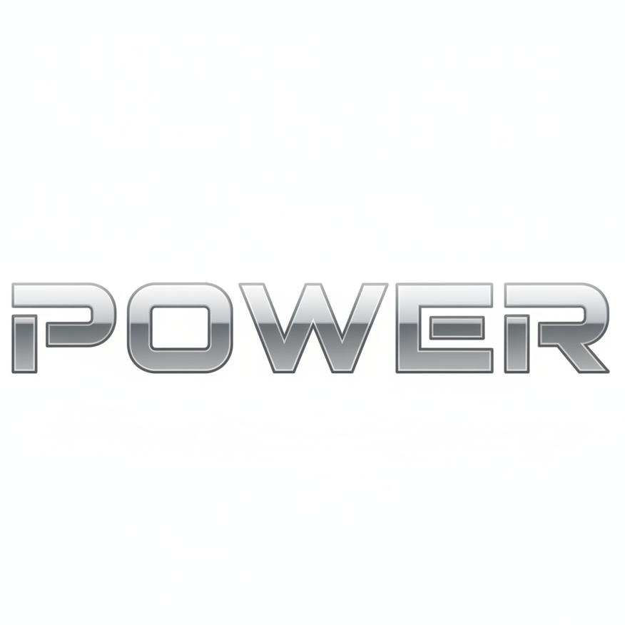 Metallic silver-gray “POWER” with 3D depth and reflective highlights, conveying industrial and futuristic tech aesthetics.
