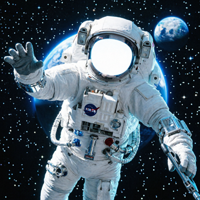 Astronaut in white NASA spacesuit floats in space, waving right hand and holding tool in left; Earth and stars in background; helmet visor contains a circular blank area with no facial features visible.