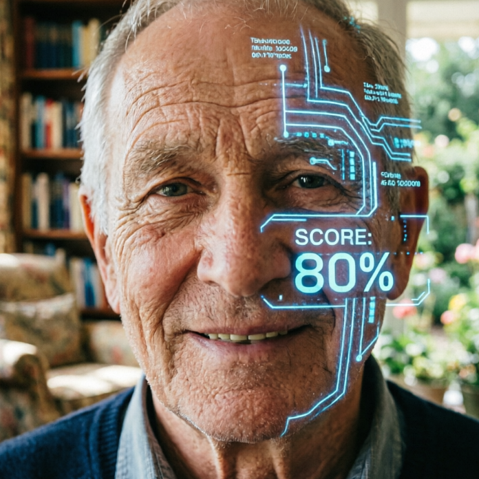 An elderly man with deep wrinkles smiles at the camera indoors, with bookshelves and plants in the background; a blue holographic scanning interface covers the left side of his face, displaying a large "SCORE: 80%" and lines of small text data above.
