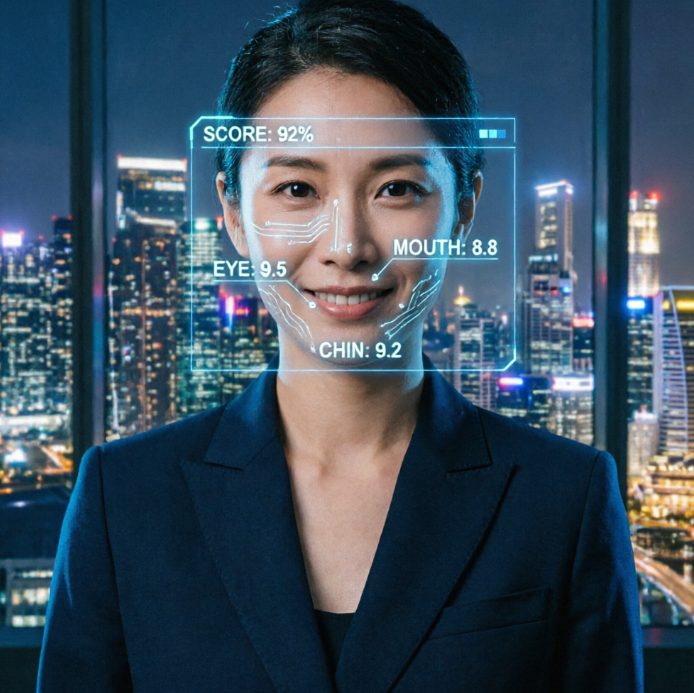 Short-haired Asian woman in a dark blue suit stands before a night cityscape with illuminated skyscrapers; her face is overlaid with a blue holographic scanning interface showing "SCORE: 92%" and specific metrics for eyes, mouth, and chin.