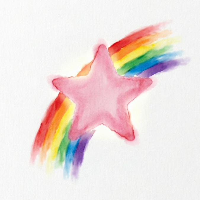 A pink five-pointed star trailing a rainbow-colored tail across the sky, rendered in watercolor style with natural color blending on white paper.