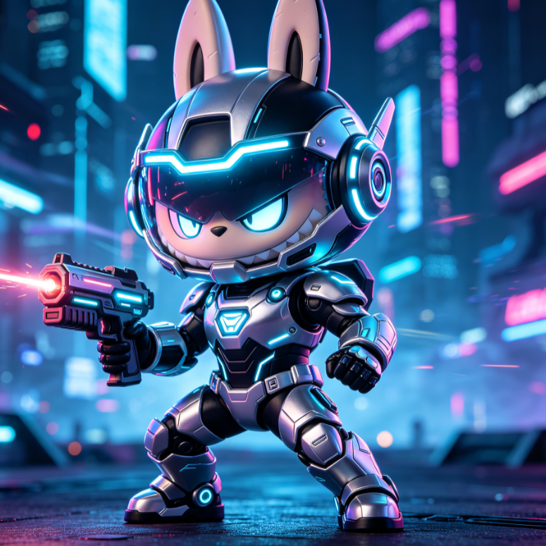 Labubu clad in silver-black mecha armor with glowing blue visor holds laser gun, standing amid neon-lit cityscape; sharp gaze exudes futuristic tech vibe.
