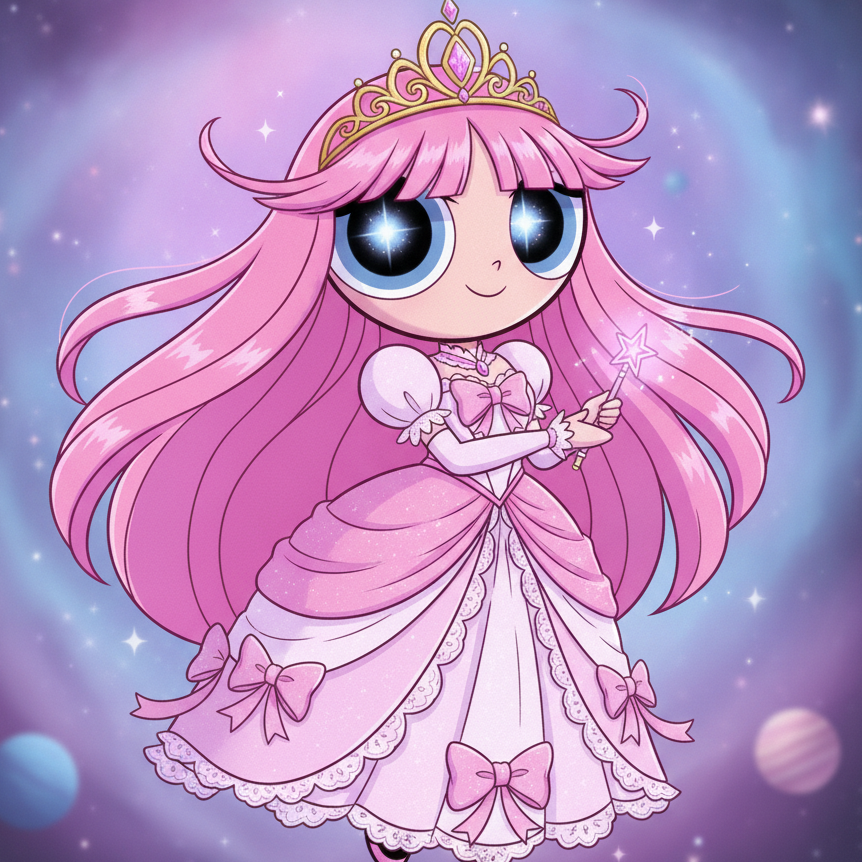 Bubbles with flowing pink hair and golden crown floats in starry sky, holding star wand in pink ball gown; sparkling eyes enhance magical fairy-tale vibe.