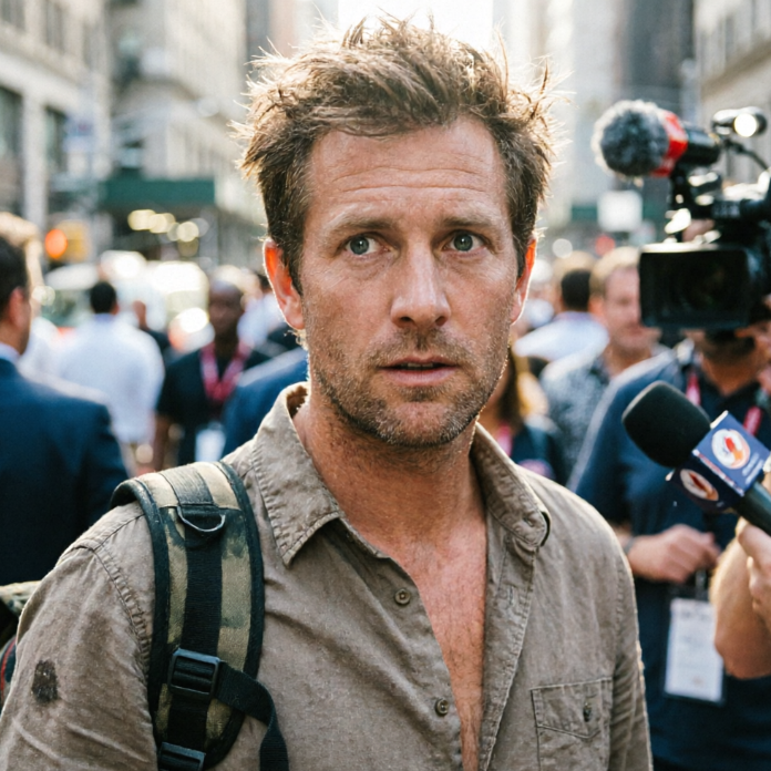 Short-haired man with backpack stands on street facing camera and mic, focused expression; background shows crowd and media gear, capturing news scene.