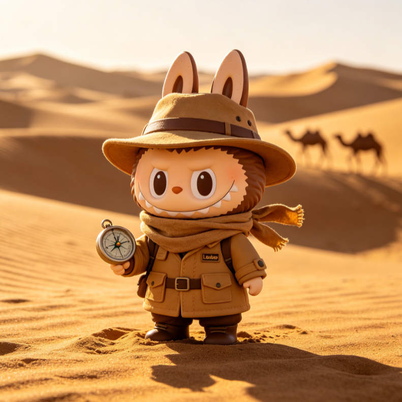 Labubu in khaki explorer outfit and wide-brim hat stands on golden dunes, holding a compass with scarf fluttering; camel silhouettes in background evoke adventure.