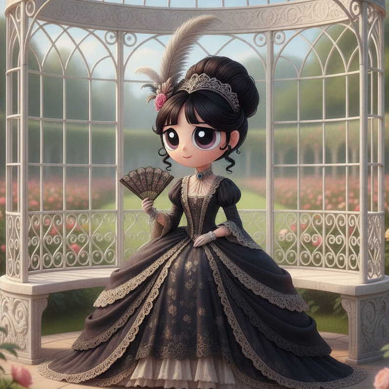 Bubbles with updo hairstyle and feather headpiece sits in white gazebo holding fan, wearing dark lace gown; rose garden backdrop evokes noble elegance.