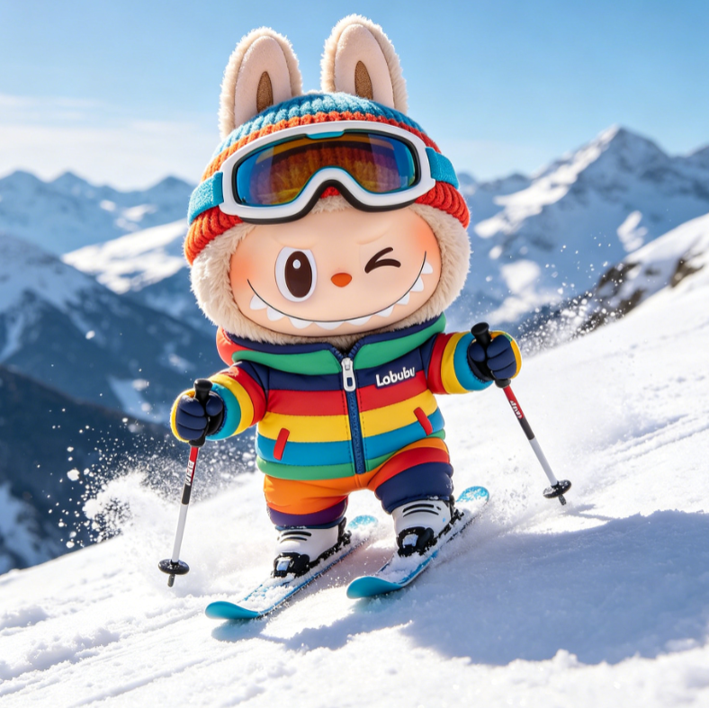 Labubu in rainbow-striped ski suit, goggles, and knit hat glides down snowy slope, winking one eye while holding poles; mountain range backdrop adds dynamic energy.