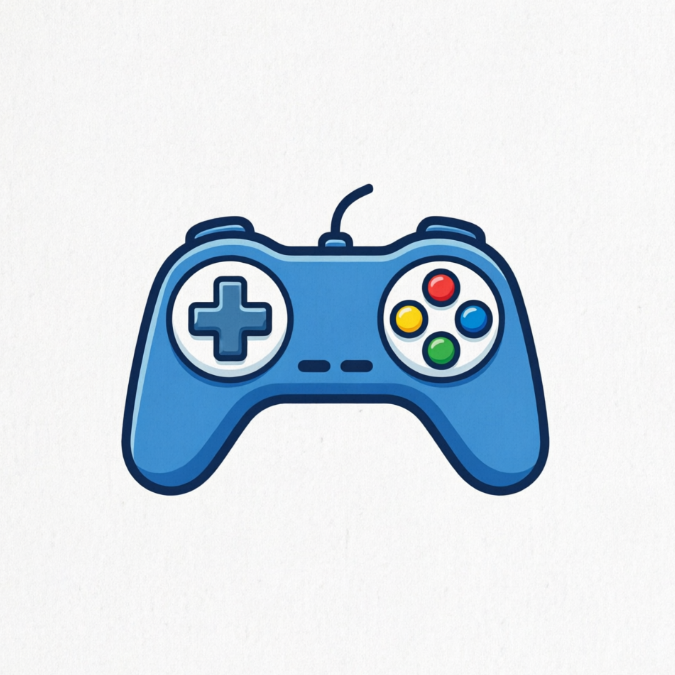 Blue wired game controller with directional pad on left and four colored buttons (red, yellow, blue, green) on right; flat cartoon style on white background.