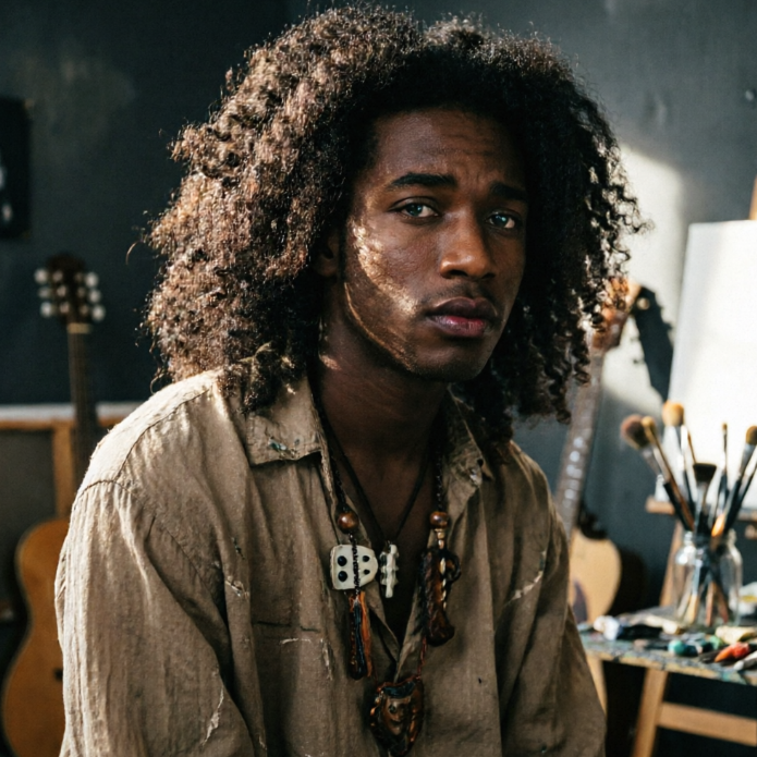 Curly-haired young man in linen shirt and wooden necklace sits beside easel and guitar, focused gaze; background features brushes and paint, reflecting artistic creation.