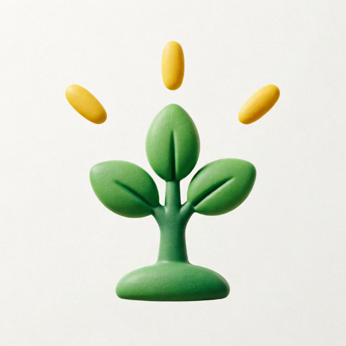 Green 3D sprout with three leaves growing from base, three yellow oval seeds floating above; clay texture on white background.