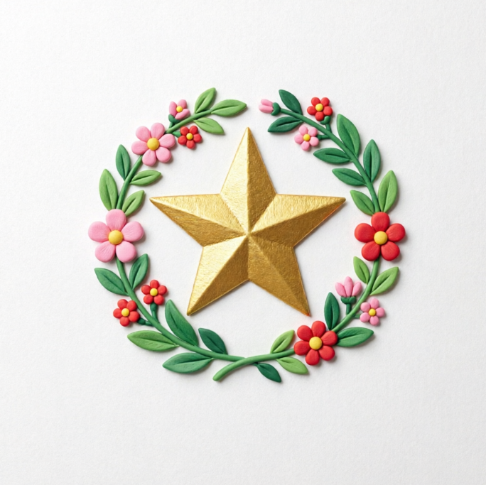 A central gold 3D five-pointed star surrounded by a circular wreath of green leaves and small pink and red flowers; clay craft texture on white background.