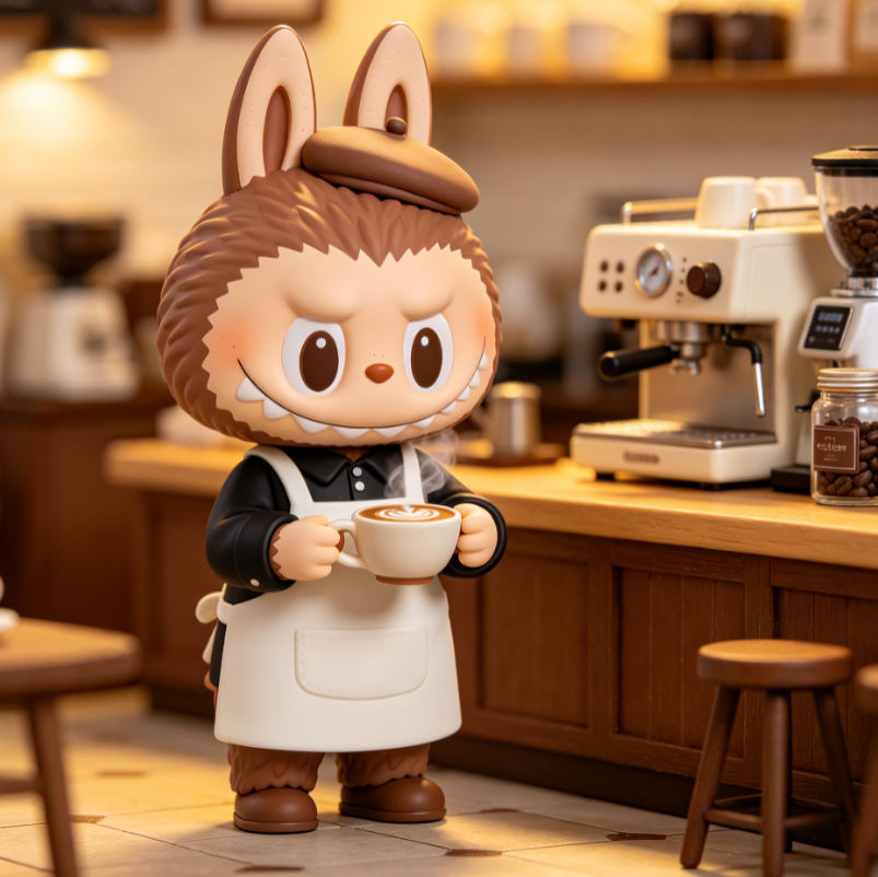 Labubu wearing beret and apron holds a latte with foam art, standing before espresso machine; wooden counter and coffee bean jars in background create cozy café ambiance.