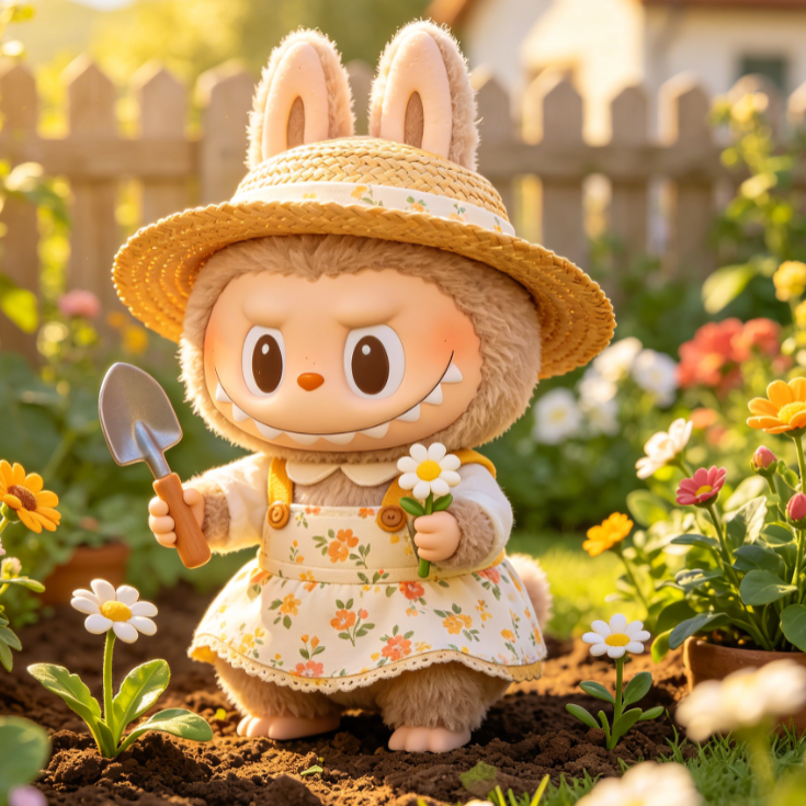 Labubu in straw hat and floral apron kneels among flowers, holding trowel and daisy; wooden fence and blooming blooms create cozy, healing garden scene.