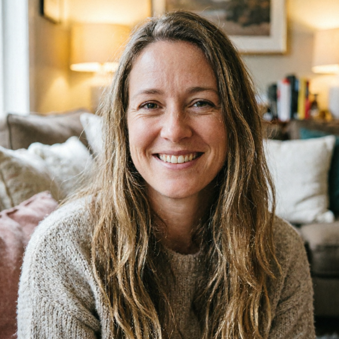 Long-haired woman in gray sweater smiles on sofa, background with warm lamp and cushions, creating cozy home atmosphere.