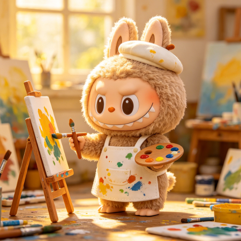 Labubu wearing beret and paint-splattered apron stands before easel, brush and palette in hand, painting sunflowers; warm studio lighting radiates creative ambiance.