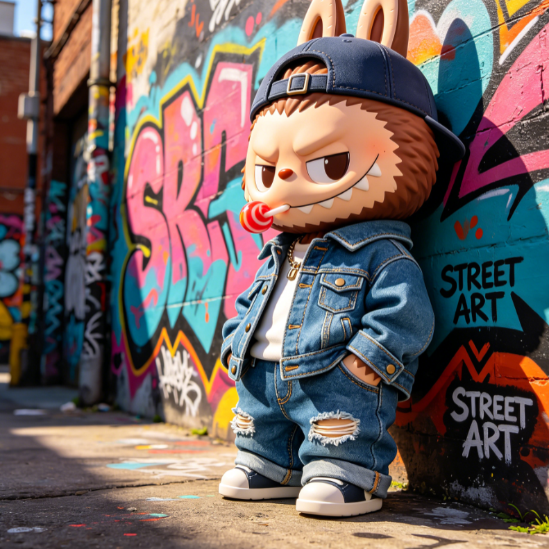 Labubu in denim jacket and baseball cap stands before graffiti wall, lollipop in mouth, hands in pockets; wall reads “STREET ART”, blending rebellious street vibe with cute design.