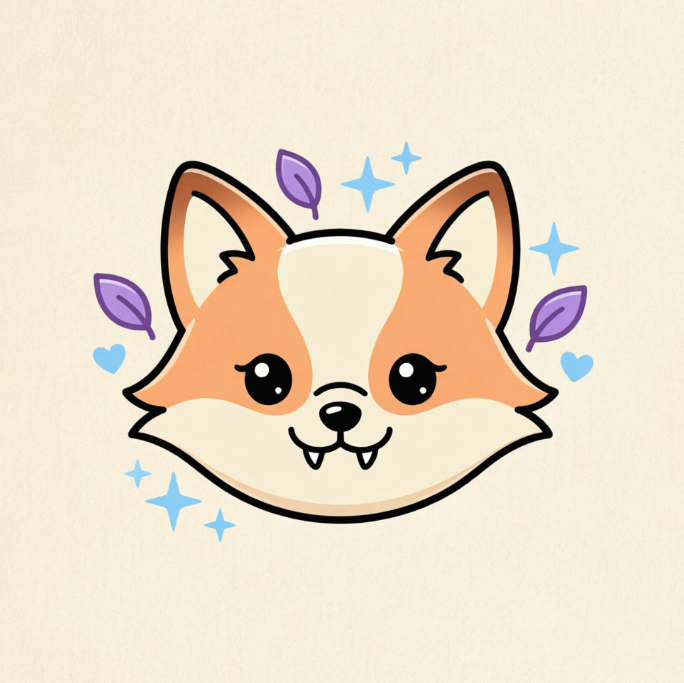 Cute orange-and-white fox head with big eyes, eyelashes, and tiny fangs; surrounded by purple leaves, blue stars, and hearts on beige textured paper background.