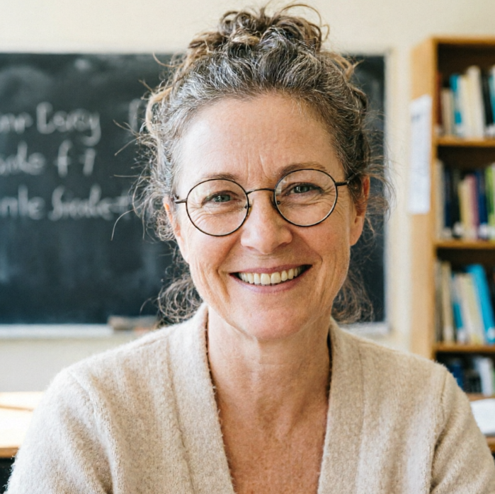 A middle-aged woman with round glasses and gray hair in a bun smiles before a chalkboard, wearing a beige knit cardigan; background shows math formulas and bookshelves, evoking warm classroom vibe.
