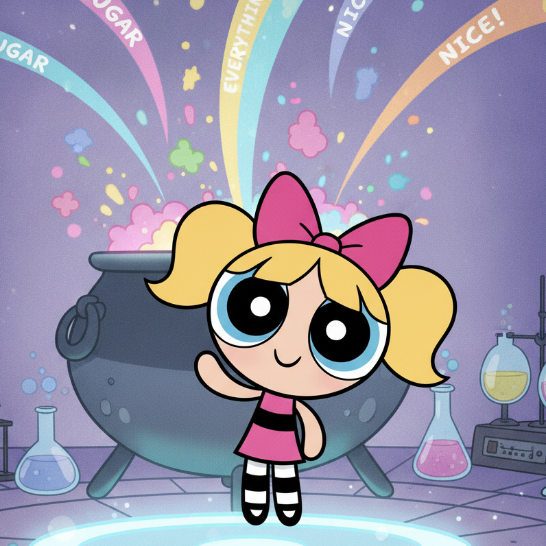 Bubbles with blonde pigtails and pink bow stands before bubbling cauldron emitting rainbow bubbles, surrounded by flasks; floating text “SUGAR”, “EVERYTHING NICE!” reflects her innocence and scientific curiosity.