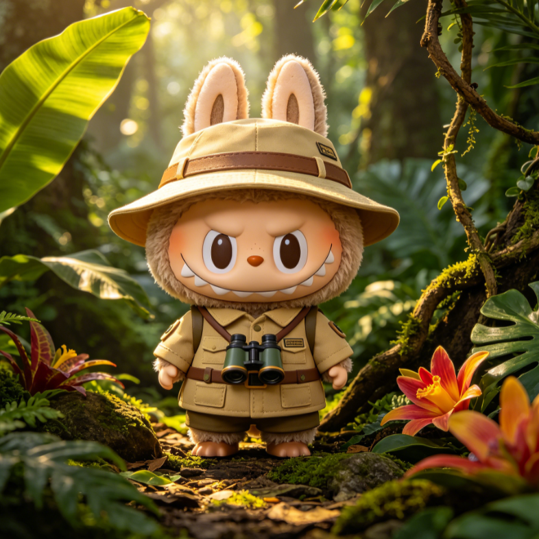 Labubu in khaki explorer hat with binoculars stands in tropical rainforest, surrounded by banana leaves and vibrant flowers; sunlight filters through canopy, capturing jungle adventure spirit.