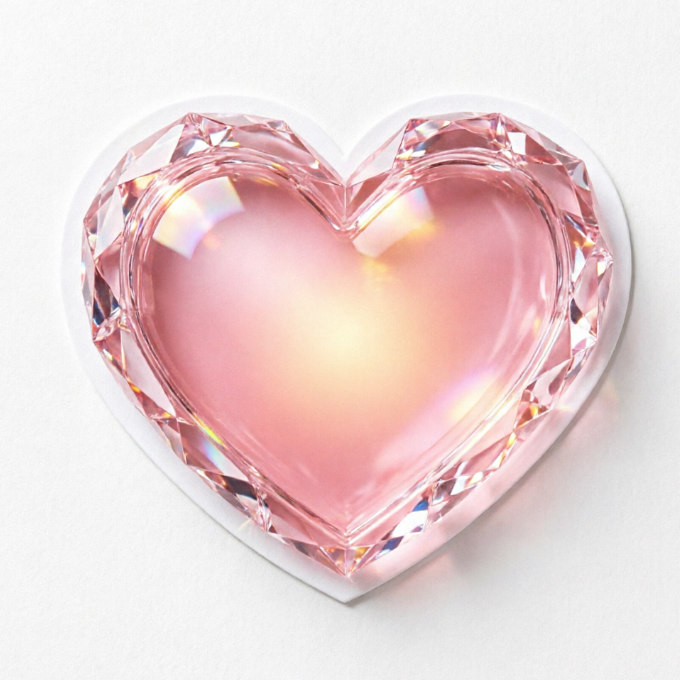 A large pink heart-shaped gemstone with faceted edges reflecting diamond-like light, glowing internally, resting on a white base.