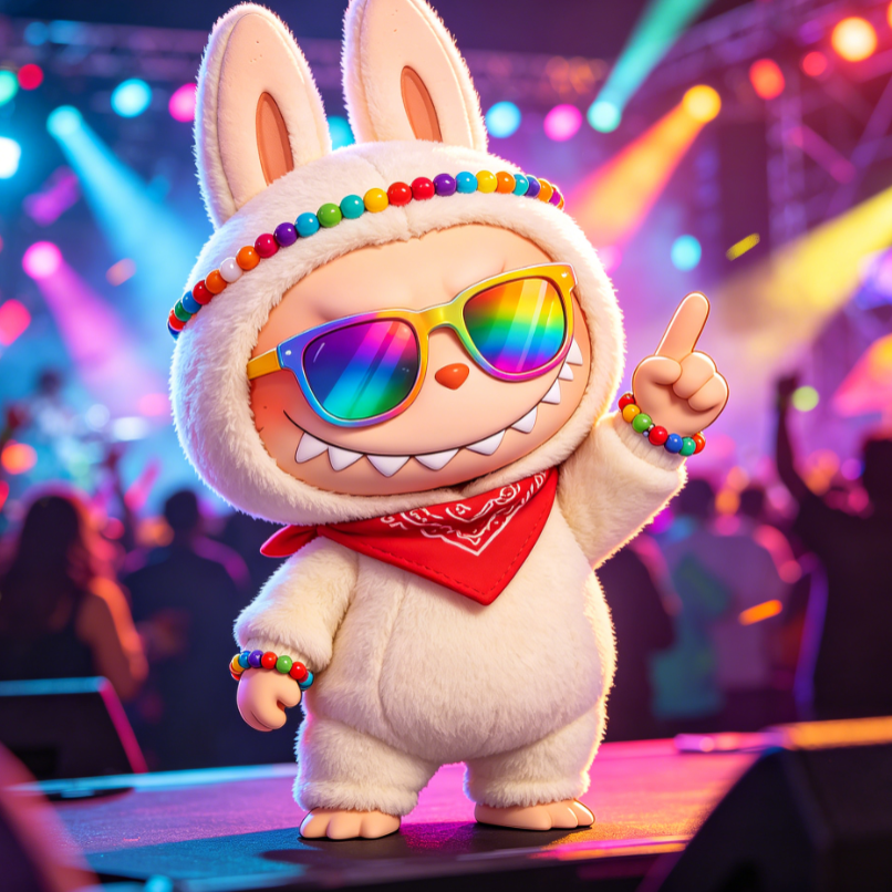 nesie, rainboLabubu in white fuzzy ow sunglasses, and colorful bead chains stands center stage, background features flashing lights and cheering crowd, radiating party energy.