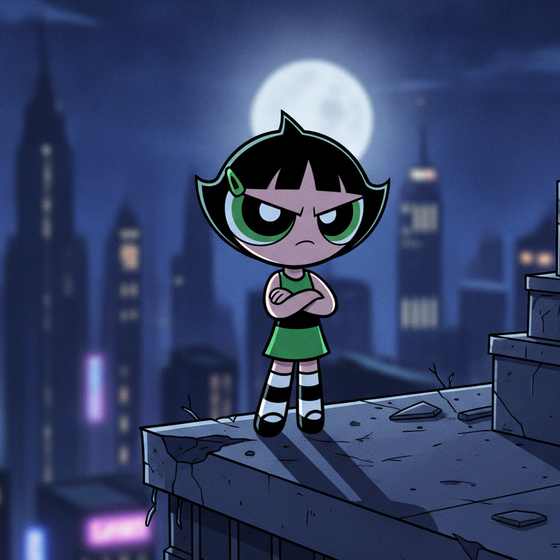Buttercup with short black hair and green eyes stands arms-crossed on rooftop edge under full moon, serious expression; neon cityscape behind emphasizes her readiness and resolve.