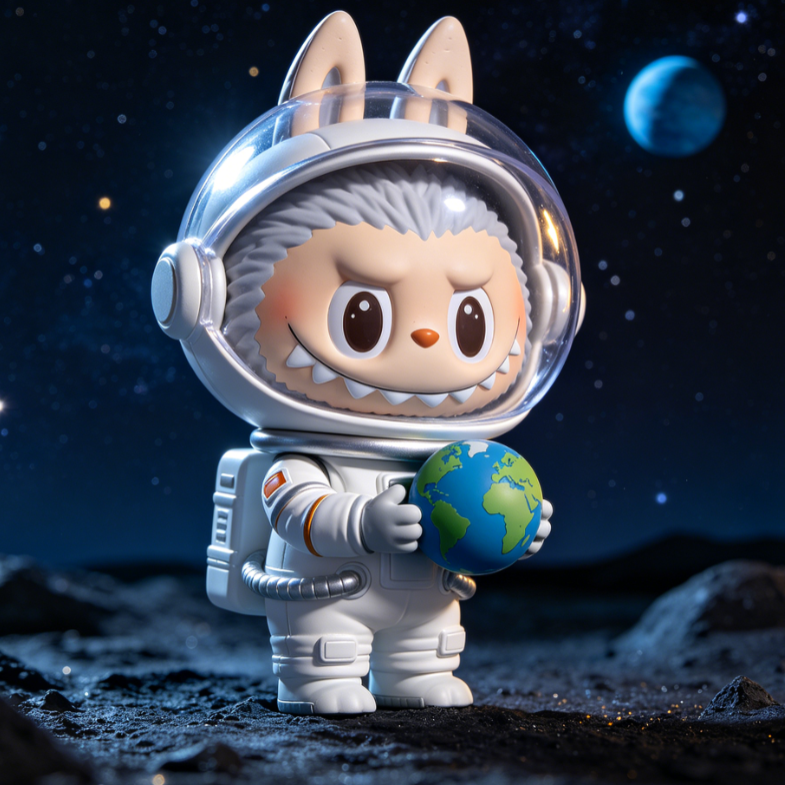 Labubu in white spacesuit and transparent helmet stands on lunar surface, holding Earth model; starry sky and blue planet in background evoke sci-fi exploration.